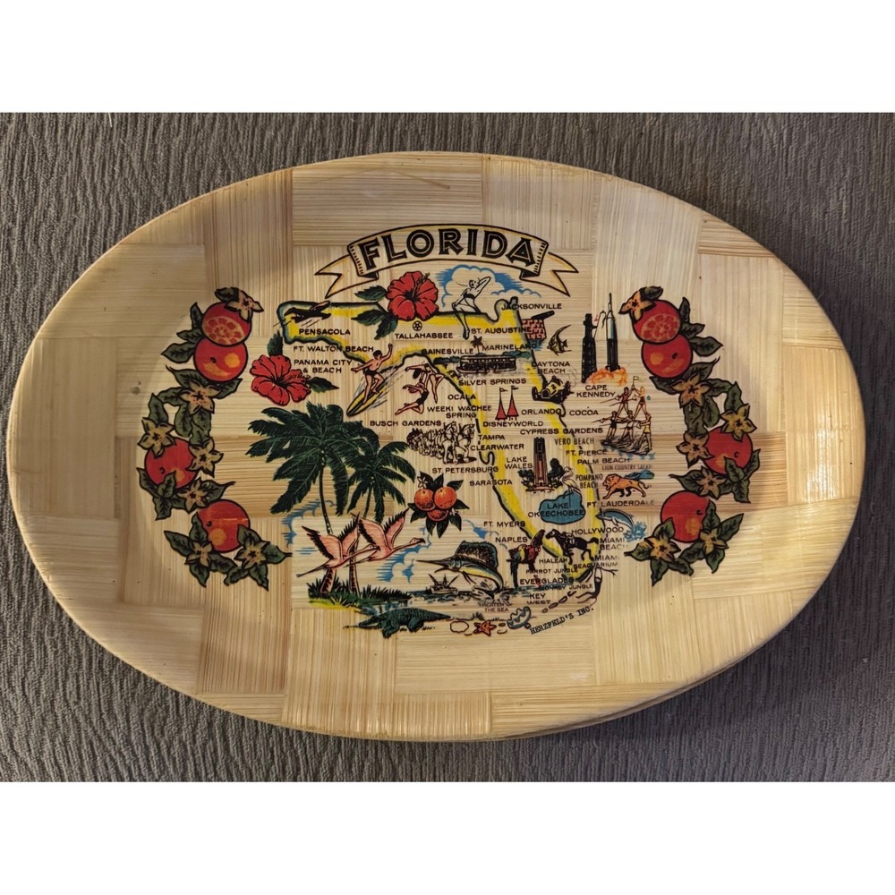 Vintage 16" x 12" Oval Florida The Sunshine State‎ Bamboo Serving Tray MCM